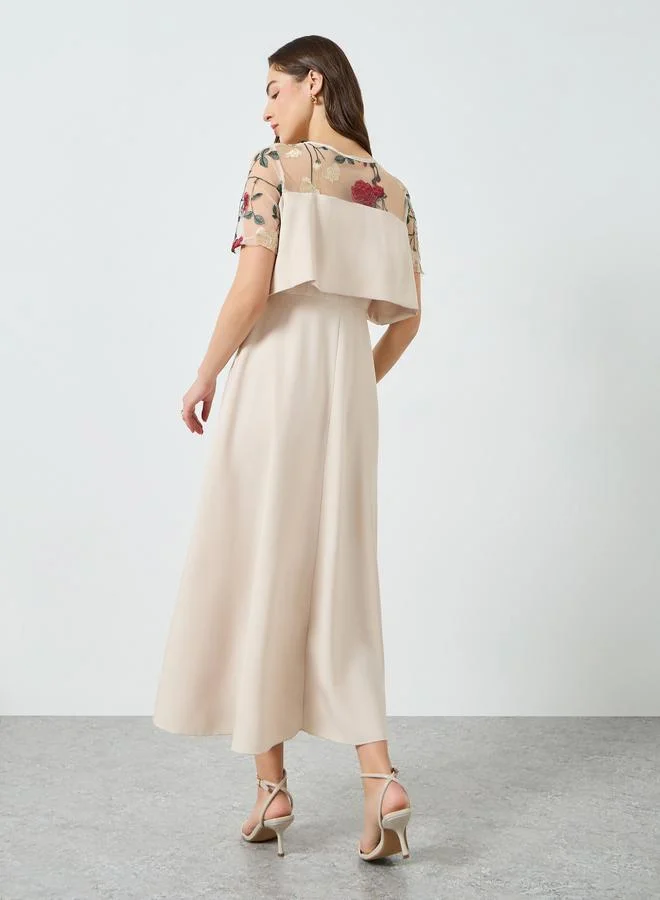 Take Two  Women Beige Floral Embroidered Contrast Mesh Midi Dress for Women | Best Price UAE